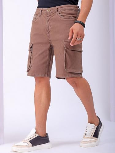 Image of The Indian Garage Co Men Relaxed Fit Solid Mid-Rise Denim Cargo Shorts