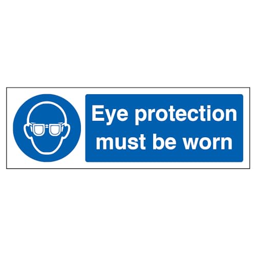V Safety 41051AX-S Eye Protection Must Be Worn PPE Sign - Landscape - 300mm x 100mm - Self Adhesive Vinyl, Blue