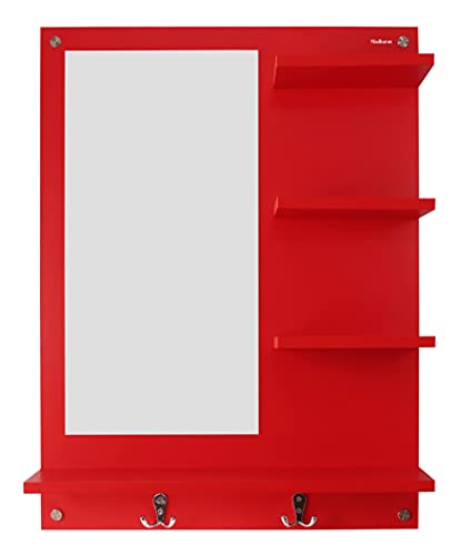 Image of Madhuran Blejaa Engineered Wood Wall Mounted Dressing Mirror with Storage Shelf | Rectangular Bathroom Wash Basin Vanity Mirror for Bedroom, Living Room & Makeup Area | 60 x 80 cm | Red