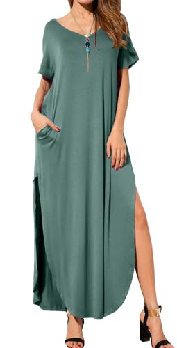 Image of GRECERELLE Women's Summer Maxi Dress Casual Loose V Neck Short Sleeve Side Split Long Dresses with Functional Pockets
