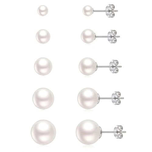 ToHeart 5 Pairs 14K Silver Plated Pearl Stud Earrings for Women 3-7MM
