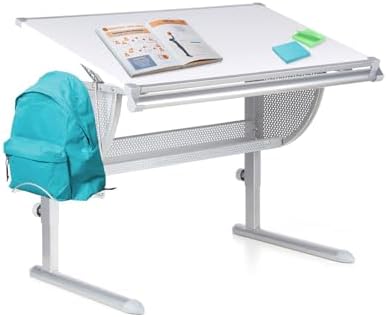 hjh OFFICE 705100 Biurko dziecięce z regulacją wysokości, z p&oacute;łką, kolor biały/srebrn...