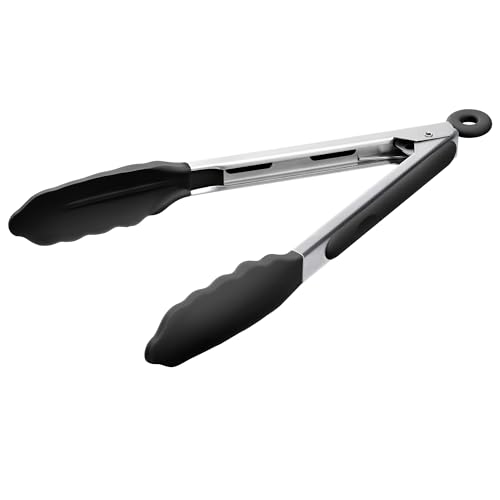 Doosu Kitchen Tong for Cooking - 600F Heat Resistant Food Tongs with Non-Scratch Silicone Tips Heavy Duty Stainless Steel Locking Tong for BBQ Grilling Steak Serving Salad Pasta (22.9cm Black)