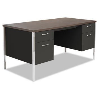 Alera Double Pedestal Desk - Rectangle - 4 Legs - 5 Drawers - 2 Pedestals - 60 X 30 X 29.5 - Steel, Aluminum, Steel - Black Base, Walnut Top