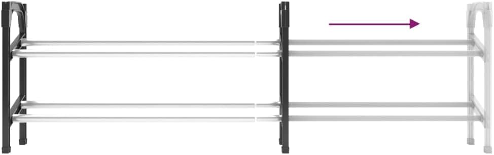 vidaXL Extendable Shoe Rack with Customizable Length, 2 Shelves for Organized Storage, Stackable - Aluminium Frame, Black/Silver Color