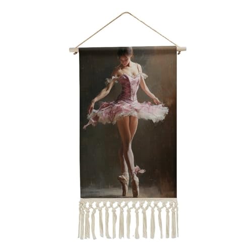 Jubonexis Arazzo da parete in lino, poster vintage da parete con nappa e asta in legno