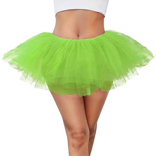 Women 5 Layers Tutu Fluffy Dance Ballet Bubble Skirt Puffy Elastic Tulle Short Skirts Halloween Christmas Costume Neon Green
