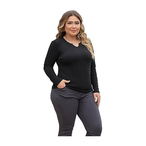 Women’s Cotton Knitted V Neck Long Sleeve Fall Winter Ribbed Pullover T-Shirts Slim Fitted Tops Solid Black Cover