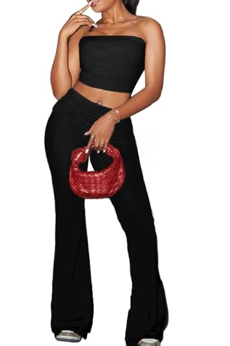 Image of Sexy Women's 2 Piece Lounge Sets Pajama Outfits Casual yoga Crop tube Top High Waist Wide Leg Foldover Flare Pants