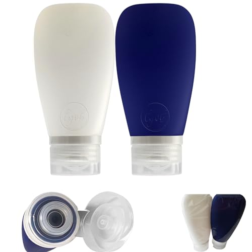 LYOB Travel Bottles for Toiletries, TSA Approved 3oz Leak Proof Silicone Refillable Squeeze Travel Size Containers BPA Free for Cleansers, Lotions, Shampoo 2pk (Navy Blue-White)