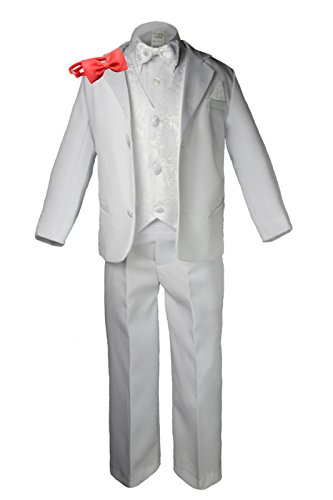 Formal Boy White Suit Paisley Handkerchief Tuxedo Baby Kid Free Red Bow Tie (Medium:(6-12 months))