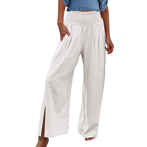 Hanaturu Pantalones Palazzo de lino para mujer, de talle alto, largos, con bolsillo, ligeros pantalones de yoga con pierna ancha, 03-blanco, XL