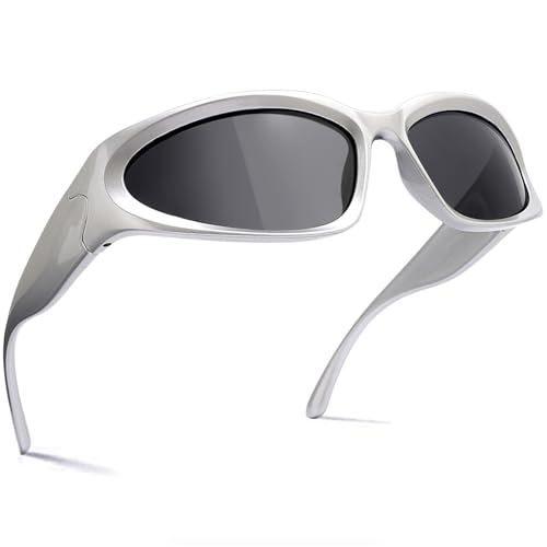 knliwkm Y2K Wrap Around Sunglasses Fashion Rave Metallic Chrome Space Alien Glasses Futuristic Shades Sports for Women Men