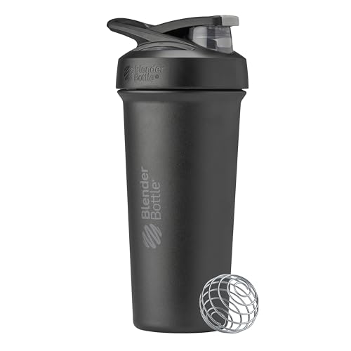 BlenderBottle Strada Sleek Shaker Cup Insulated Stainless Steel Water Bottle with Wire Whisk, 25-Ounce, Black
