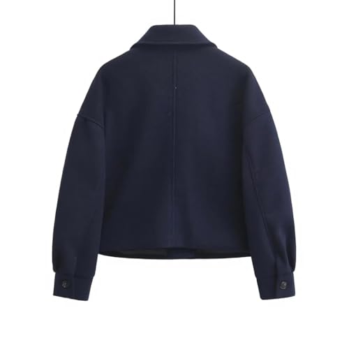Chic Navy Blue Women's Loose-Fit Woolen Jacket with Pockets for Effortless Style - Image 2