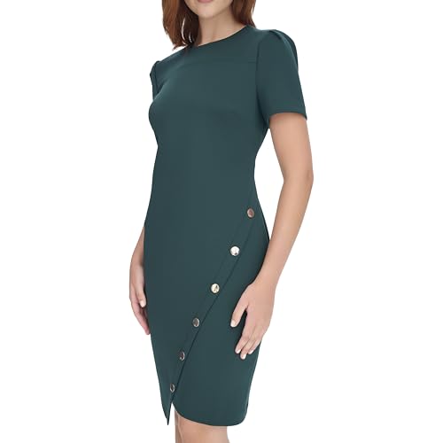 Image of Tommy Hilfiger Women's Short Sleeve Jewel Neck Colorblock Studded Asymmetrical Hem Crepe Mini Dress