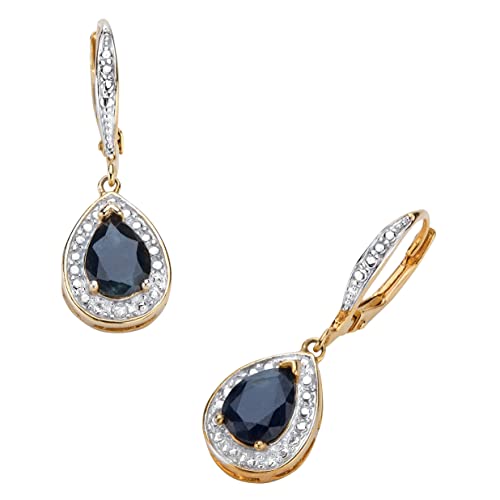 PalmBeach Yellow Gold-plated Pear Shaped Genuine Midnight Blue Sapphire and Diamond Accent Drop Earrings (32x10mm)