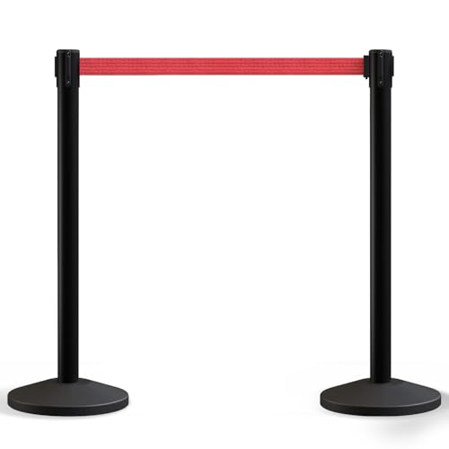 Crowd Control Warehouse Set of 2 Stanchion Retractable Belt Barriers, 11 Foot Red Belt Barrier with 40” Black Posts, Premium Crowd Control Barriers with Heavy Duty Concrete Base, CCW Series RBB-100