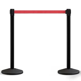 Crowd Control Warehouse Set of 2 Stanchion Retractable Belt Barriers, 11 Foot Red Belt with Black Posts