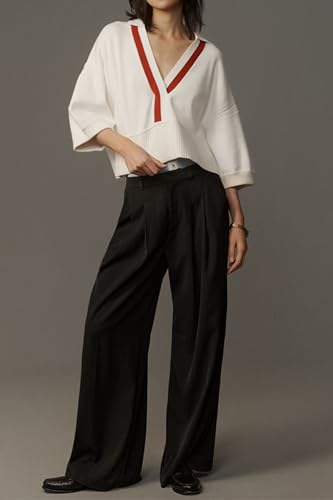 Women’s 3/4 Sleeve V Neck Cropped Sweater Oversized Color Block Lapel Collared Pullover Fall Knitted Causal Sweater3