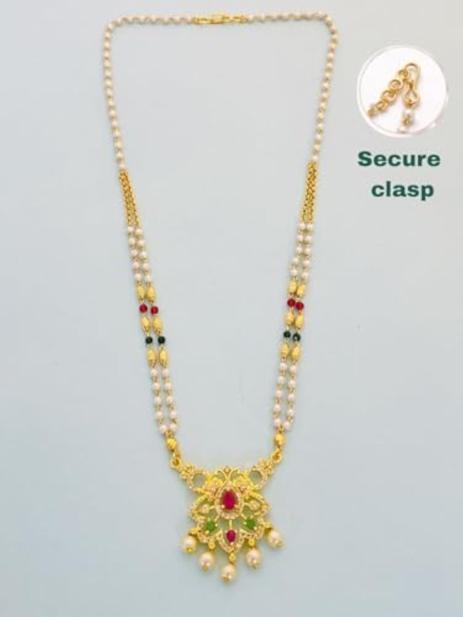 Traditional Short Gold Plated Mangalsutra with White Beads