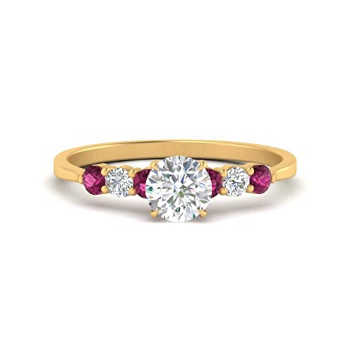 Image of Choose Your Gemstone Round Accented Diamond CZ Ring Yellow Gold Plated Round Shape Side Stone Engagement Rings Matching Jewelry Wedding Jewelry Easy to Wear Gifts US Size 4 to 12