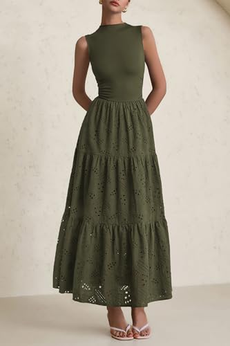 Image of PRETTYGARDEN Summer Dresses for Women 2026 Casual Eyelet Sleeveless Wedding Guest Maxi Dress Tank Top Sundress with Pockets