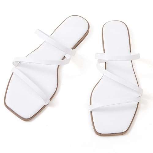 Image of LACUONE Strappy Flat Sandals For Women Slip On Square Open Toe Slides Sandals