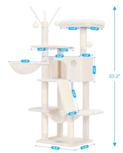 Hey-brother Kratzbaum, 134,6 cm, Katzenturm für Indoor-Katzen, Katzenhaus mit gepolstertem Plattformbett, Spielzeugbälle, großer gemütlicher Höhle, Hängematten und Sisal-Kratzbäume, Beige MPJ019-SM