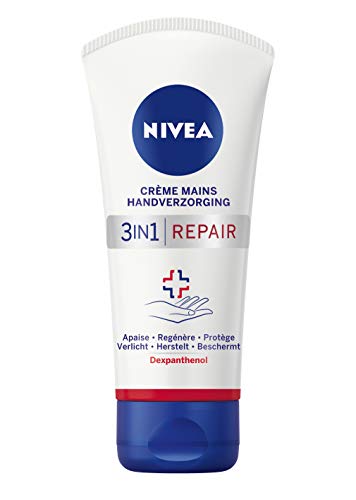 NIVEA Crema de manos Repair 3 en 1 para piel muy seca y áspera (1 x 75 ml), cuidado de manos hidratante, fórmula rica y no grasa, crema hidratante reparadora con dexpantenol
