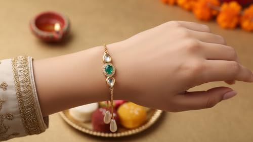 Image of Elegant Traditional Gold Plated /Rakhi Combo Of 1 Piece for Men and Women /brother /sister /bhabhi Kundan Stone combo set (Same as Shown In Image)