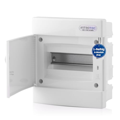 Intratec Sicherungskasten Unterputz 1 reihig – Unterputz Verteilerkasten IP40 für 8 Module mit weißer Tür und Hutschiene für einfache Elektroinstallation Zuhause & Gewerbe – 232 x 211 x 99mm