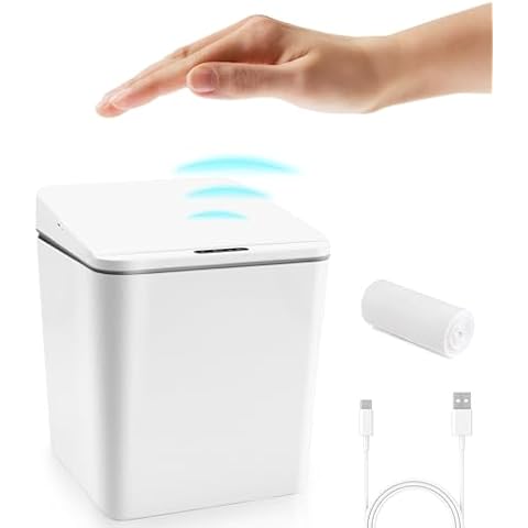 FEBHBRQ Automatic Small Countertop Trash Can, Rechargeable Mini Desktop Waste Bin with Lid for Office Desk/Bedside Table/Coffee Bar, White-1.5 Gal Cover