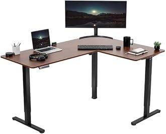 VIVO Electric Corner 63 x 47 inch L-Shaped Standing Desk, Memory Height Adjustment, Dark Walnut Top Black Frame, DESK-E3CTD-47
