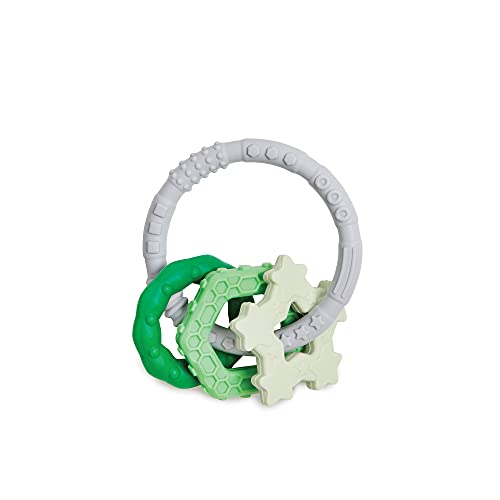 Image of Bumkins Baby Teething Freezer Toy Keys Rings, Soft Flexible Pacifier to Chew, Cool Teether Gum Relief, Babies 3 Months, Freezable Platinum Silicone, Sensory Bracelet with Charms, Green and Gray