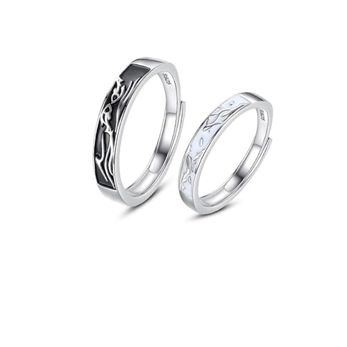 Bague réglable fiançailles gravure en argent 925 style oiseaux et poissons pour couple