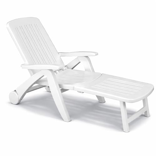 Tomaino - Tumbona de plástico para jardín – Respaldo reclinable, plegable con ruedas – Camping, playa, piscina, para exterior (blanco)