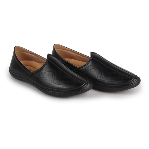 Image of FAUSTO Men Perforated Side Stitched Ethnic Round Toe Juttis and Mojaris for Wedding | Flexible Anti Skid Sole | Pathani Kurta Slip On Shoes