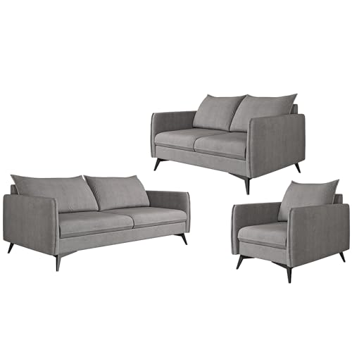 S-Style Möbel Nina Sofagarnitur 3 2 1 Polstergarnitur Couchgarnitur Couch-Set 3-Sitzer Sofa 199x91x86cm 2-Sitzer Sofa 138x91x86cm Sessel 74x91x86cm Schwarze Metallfüße Grau