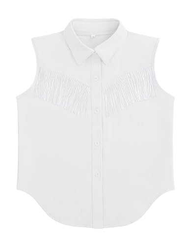 Girls Fringe Shirt Sleeveless Button Down Western Cowgirl Tassel Trim Casual Blouse Shirt Top 4-13Y