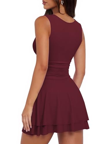 Women's Summer Ruffle Hem Square Neck Mini Dress Ruched Waist Short Party Dresses2