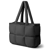 CarryWise Puffer Tote Bag for Women, Large Quilted Puffy Handbag Lightweight Satchel Purse for Work Travel Gym Shop (Black)