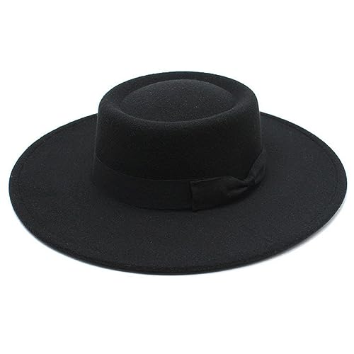 Vintage Wide Brim Flat-Top Fedora Hat - Panama, Porkpie, Boater, Church, Derby, Jazz Hat with Bow Belt (Black)