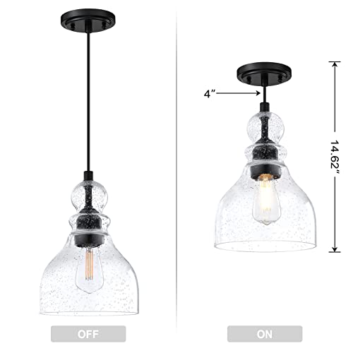 3 Pack 1 Light Hanging Indoor Kitchen Island Pendant Light 6.5" Clear Seeded Glass Pendant Ceiling Light Fixtures Black Finish Modern Farmhouse Dinning Over Sink #TOP1