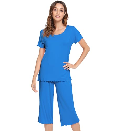 Image of NACHILA Women's Bamboo Viscose Pajama Sets Summer Cooling Short Sleeve Capri Soft Pjs Night Sweats Moisture Wicking Sleepwear