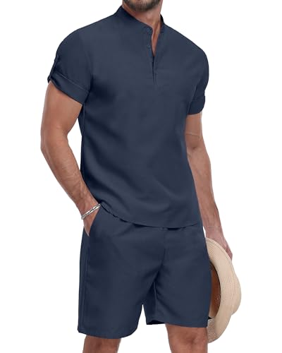 YTD Men's 2 Pieces Shirt Sets Short Sleeve Casual Henley Shirts Shorts Sets Summer Fashion Beach Outfits XXL Navy