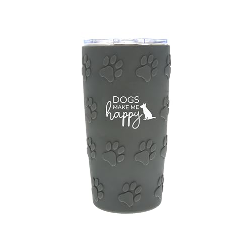 Pavilion Gift Company - Dogs Make Me Happy - Pawprint Textured 20oz Silicone Wrapped Non-Slip Stainless Steel Body Plastic Slide Open Lid Travel 6-12 Hr Coffee Mug Rescue Dog Mom Dad Puppy Lover Gift
