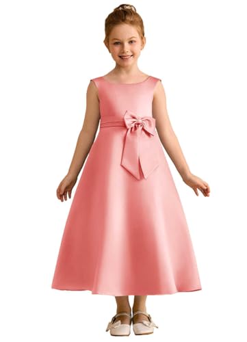 A-Line Princess Satin Flower Girl Dress Ankle-Length Sleeveless Junior Bridesmaid Dress with Bows