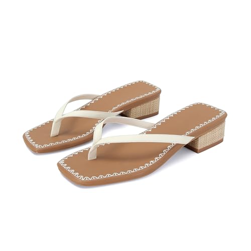 Image of DOEYG Raffia Heels Sandals Summer Beach Flip Flops Heels Square Open Toe Heeled Sandals Dressy Comfortable Slip on Thong Sandal