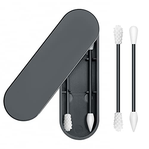 Coton Tige Réutilisable, Lot de 2 Cotons Tiges en Silicone,bâtonnets d'oreille en silicone souple avec boîte de rangement, Nettoyage des Oreilles(Gris)